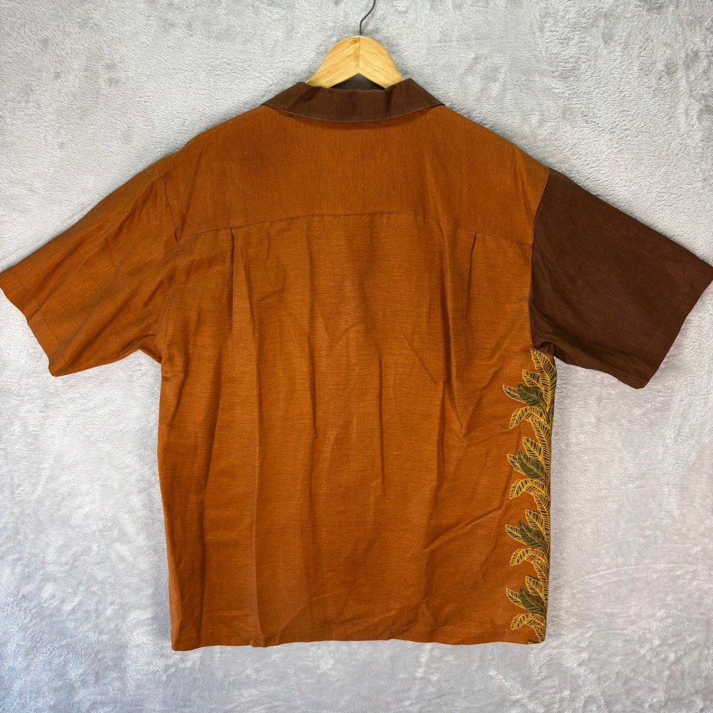 Tommy Bahama Men's Brown Embroidered Banana Leaf Shirt Linen Silk Sz Medium - Picture 3 of 8
